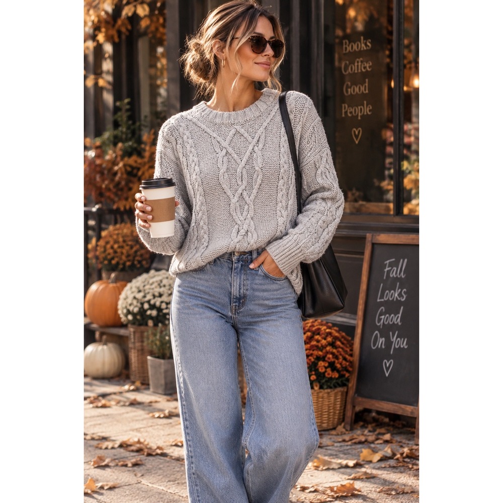 Aerie Women Light Gray Cable Knit Crew Neck Sweater Size Small Long Sleeve